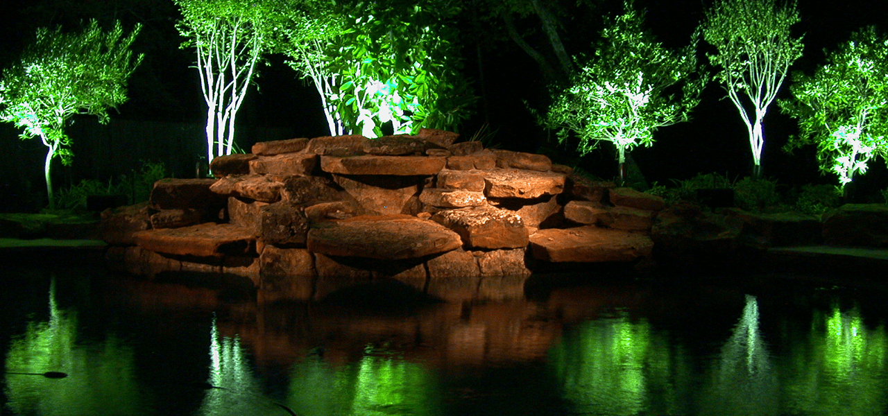 A swimming pool with reflections of the uplighting on the saplings behind the pool