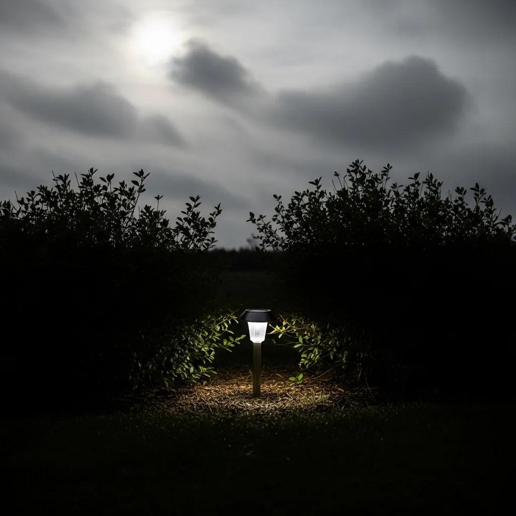 A solar landscape light placed in partial shade, illustrating reduced performance under cloudy or shaded conditions